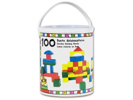 BARIL DE 100 PIECES DE COULEUR EN BOIS - JEU DE CONSTRUCTION EN BOIS