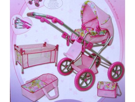 LANDAU COMBI POUSSETTE A FLEURS + LIT POUR POUPEE - CALINOU - ACCESSOIRE POUPEE