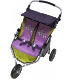 POUSSETTE JUMEAUX 3 ROUES PAPILLON VIOLET POUR POUPEES - ACCESSOIRE POUPON