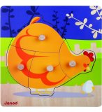 PUZZLE EN BOIS POULE 4 PIECES - JANOD - PUZZLE A ENCASTRER - PUZZLE AVEC BOUTONS 