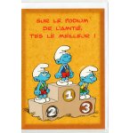 CARTE SUR LE PODIUM AVEC LA COUPE - SCHTROUMPF + ENVELOPPE - CARTERIE BD - ENFANT - ADULTE - FILLE - GARCON (48)