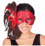 LOUP VENITIEN ROUGE AVEC PLUMES NOIRES ADULTE - ACCESSOIRE MASQUE DEGUISEMENT