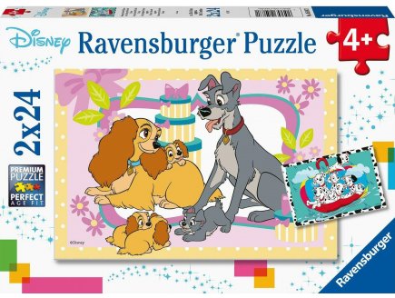 2 PUZZLES LES CADEAUX DE LA BELLE ET LE CLOCHARD / 101 DALMATIENS SOUS LA PLUIE 24 PIECES - RAVENSBURGER - 050871