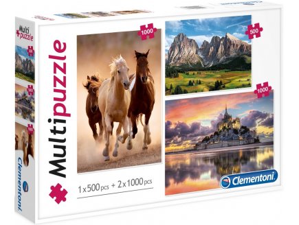 3 PUZZLES : MONTAGNE CHAINE DES ALPES  500 PIECES + MONT SAINT-MICHEL + CHEVAUX AU GALOP 2 X 1000 PIECES - CLEMENTONI 08107