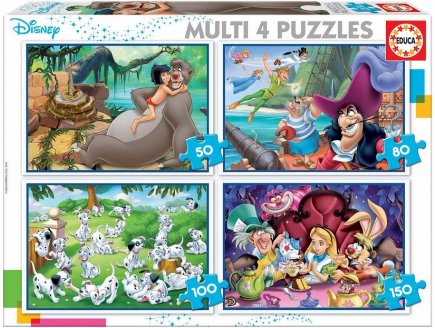 4 PUZZLES ENFANT DISNEY : 101 DALMATIENS - LIVRE DE LA JUNGLE - PETER PAN - ALICE  50 - 80 - 100 - 150 PIECES - EDUCA - 18105