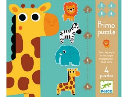 4 PUZZLES PRIMO - LES ANIMAUX DE LA JUNGLE 3 - 4 - 5 - 6 PIECES - DJECO - DJ07135