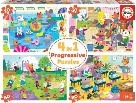 4 PUZZLES PROGRESSIFS LES ANIMAUX : A l'ECOLE - A LA PISCINE - EN COURS DE MUSIQUE - AU PARC 20 - 40 - 60 - 80 PIECES - EDUCA 18904