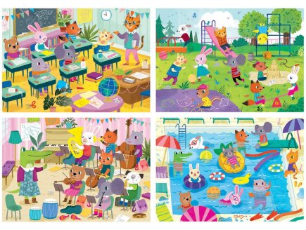 4 puzzles progressifs les animaux : a l'ecole - a la piscine - en cours de musique - au parc 20 - 40 - 60 - 80 pieces - Educa 18904