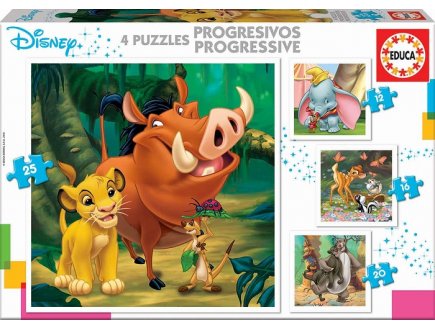 4 PUZZLES PROGRESSIFS - ROI LION - DUMBO - BAMBI - LIVRE DE LA JUNGLE  12 - 16 - 20 - 25 PIECES - EDUCA - 18104