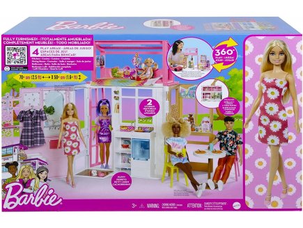 BARBIE LA MAISON TRANSPORTABLE + 17 ACCESSOIRES + 1 POUPEE MANNEQUIN - MATTEL - HCD48