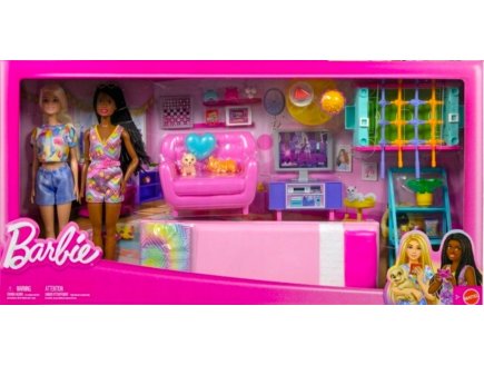 Barbie Le Grand Sjour + La chambre  Couch + 22 accessoires + 2 poupes mannequins - Mattel - HYT64