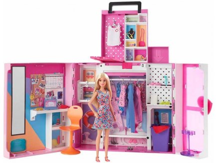 BARBIE MAISON : LE DRESSING TRANSPORTABLE + ACCESSOIRES - HABITS - VETEMENT - 1 POUPEE MANNEQUIN - 35 ELEMENTS - MATTEL - HGX57