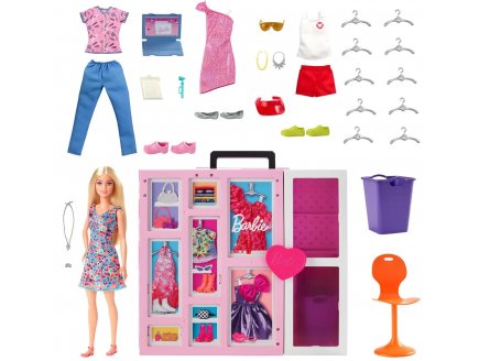 BARBIE MAISON : LE DRESSING TRANSPORTABLE + ACCESSOIRES - HABITS - VETEMENT - 1 POUPEE MANNEQUIN - 35 ELEMENTS - MATTEL - HGX57