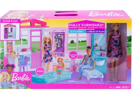 Barbie maison transportable avec piscine+ 20 accessoires + 1 poupee mannequin - Mattel - fxg55