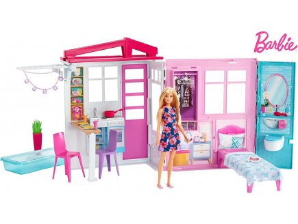 Barbie maison transportable avec piscine+ 20 accessoires + 1 poupee mannequin - Mattel - fxg55