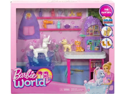 Barbie mtier : Animalerie / SPA des animaux de compagnie + 2 chiens + chat + accessoires - 16 pices - Mattel - HYR06