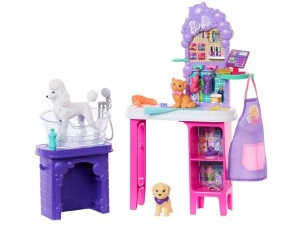 Barbie mtier : Animalerie / SPA des animaux de compagnie + 2 chiens + chat + accessoires - 16 pices - Mattel - HYR06