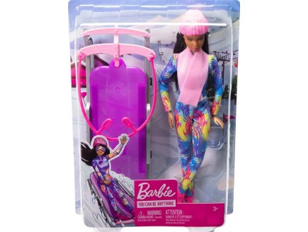 BARBIE SPORT D'HIVER : BARBIE ET SA LUGE + 1 ACCESSOIRES - POUPEE MANNEQUIN - MATTEL - HGM74