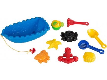 BATEAU DE PLAGE GARNI 10 PIECES : ARROSOIR, MOULES, OUTILS - JOUETS DE PLAGE