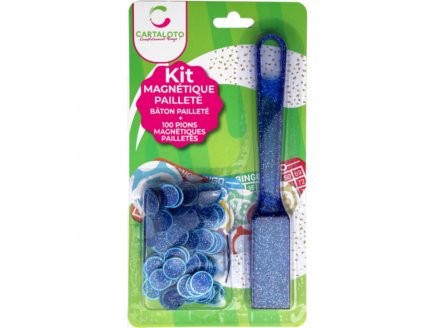 Baton magnétiques Bingo bleu pailletés + 100 pions pailletés de loto - ramasse pions - Cartaloto