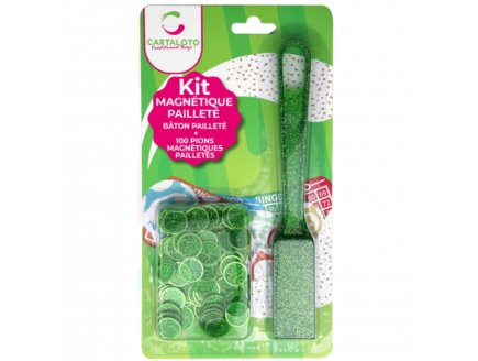 Baton magnétiques Bingo vert pailletés + 100 pions pailletés de loto - ramasse pions - Cartaloto