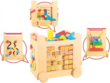 Beeboo - grand chariot d'activites en bois sur roulettes - 44 pieces - cube de marche - jouet d'eveil