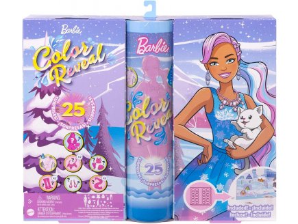 CALENDRIER DE L'AVENT BARBIE COLOR REVEAL : 1 POUPEE + 3 ANIMAUX + TENUES + ACCESSOIRES - MATTEL - HJD60