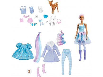 Calendrier de l'avent barbie color reveal : 1 poupee + 3 animaux + tenues + accessoires - Mattel - hjd60
