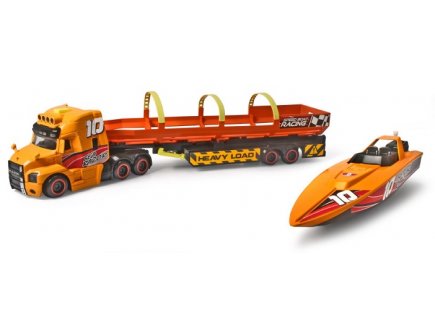 CAMION DE TRANSPORT BATEAU DE COURSE MACK TRUCK 41 CM SONS ET LUMIERE - DICKIE TOYS - VEHICULE ET REMORQUE