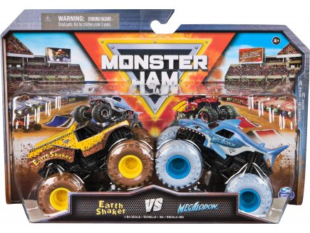 COFFRET 2 MONSTER JAM 1/64 SERIE 31 : MEGALODON VS EARTH SHAKER - VEHICULE MINIATURE METAL - SPIN MASTER