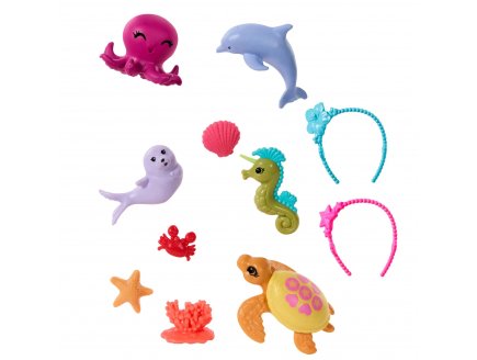 Coffret 2 poup?es barbie sir?ne + 8 animaux marins + 2 accessoires - poupee mannequin - Mattel - hrg71