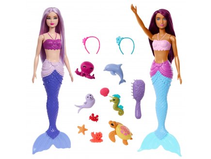 Coffret 2 poupes barbie sirne + 8 animaux marins + 2 accessoires - poupee mannequin - Mattel - hrg71