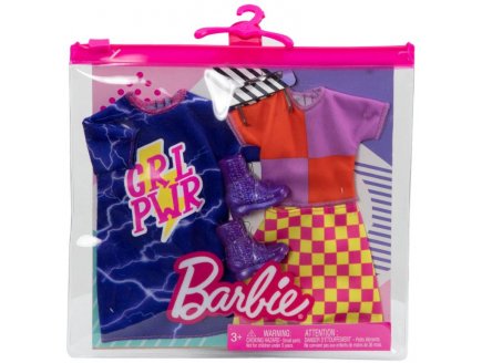 COFFRET 2 TENUES MODE : JUPE A CARREAUX ET TOP + ROBE BLEUE + BOTTES POUR POUPEE BARBIE - VETEMENT - HABIT - MATTEL - HBV69