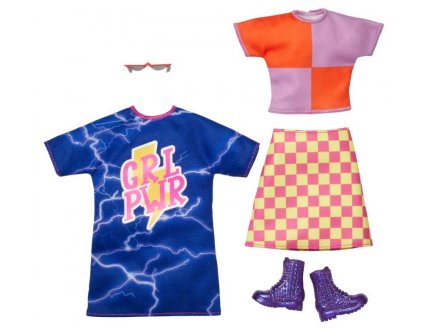 Coffret 2 tenues mode : jupe a carreaux et top + robe bleue + bottes pour poupee barbie - vetement - habit - Mattel - hbv69