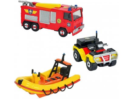 Coffret 3 vhicules en mtal Sam le Pompier : Quad Mercury - Bateau Neptune - Camion Jupiter - Voiture miniature - Dickie 203099629038