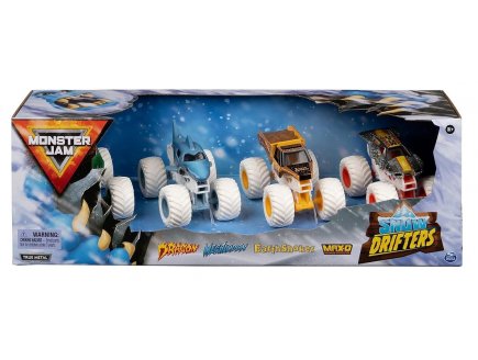 COFFRET 4 MONSTER JAM 1/64 SNOW DRIFTERS : DRAGON, MEGALODON, EARTH SHAKER, MAX-D - VEHICULE MINIATURE METAL - SPIN MASTER