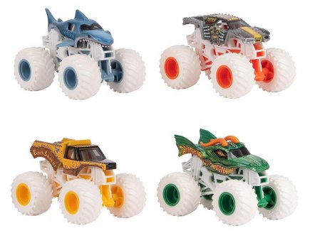 Coffret 4 monster jam 1/64 snow drifters : dragon, megalodon, earth shaker, max-d - vehicule miniature metal - Spin master
