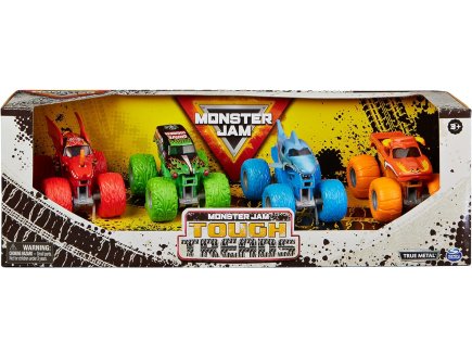 COFFRET 4 VEHICULES MONSTER JAM : EL TORO LOCO - MEGALODON - DRAGONOID - GRAVE DIGGER - VOITURE COLLECTION TOUGH TREADS 1.64 - SPIN MASTER