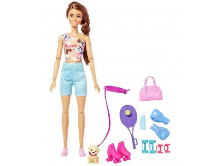 Coffret Barbie 3 en 1 Joueuse de Tennis - Rollers et Coach Sportif + Chien - 12 pi�ces - Poup�e mannequin Sport Tennis - Mattel HKT91