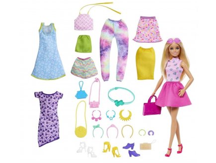 Coffret Barbie Blonde et 6 tenues + 4 paires de chaussures + 14 accessoires - Vêtement - Set Poupée mannequin 25 pieces - Mattel HKB07
