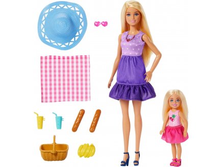 Coffret Barbie Blonde et Chelsea d�jeunent dans la prairie avec 7 accessoires - Poup�e mannequin - Mattel JBF43