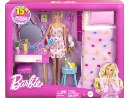 COFFRET BARBIE : LA CHAMBRE A COUCHE + COIFFEUSE + POUPEE MANNEQUIN + CHAT + 18 ACCESSOIRES - MATTEL - HPT55