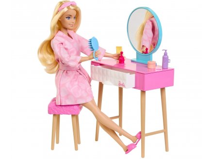 Coffret barbie : la chambre ? couch? + coiffeuse + poup?e mannequin + chat + 18 accessoires - mattel - hpt55