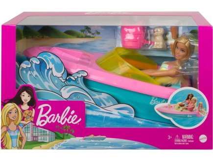 COFFRET BARBIE : LE HORS BORD + POUPEE MANNEQUIN - + CHIEN + 3 ACCESSOIRES - BATEAU - MATTEL - GRG30