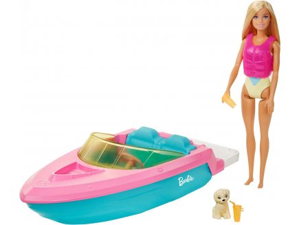 Coffret barbie : le hors bord + poupee mannequin + chien + 3 accessoires - bateau - Mattel - grg30