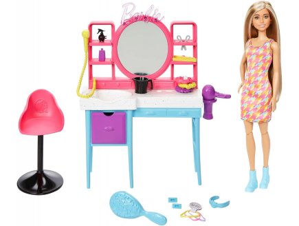 Coffret barbie salon de coiffure et poupee mannequin + 16 accessoires - Mattel - hkv00
