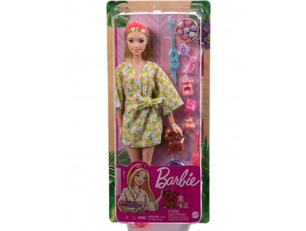 Coffret Barbie SPA et Bien �tre avec peignoir et chien - 11 pi�ces - Poup�e mannequin blonde - Mattel HKT90