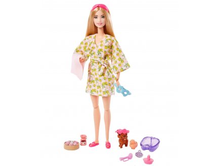 Coffret Barbie SPA et Bien �tre avec peignoir et chien - 11 pi�ces - Poup�e mannequin blonde - Mattel HKT90