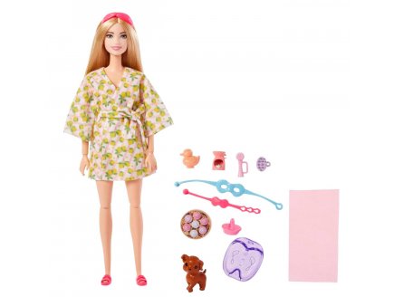 Coffret Barbie SPA et Bien �tre avec peignoir et chien - 11 pi�ces - Poup�e mannequin blonde - Mattel HKT90