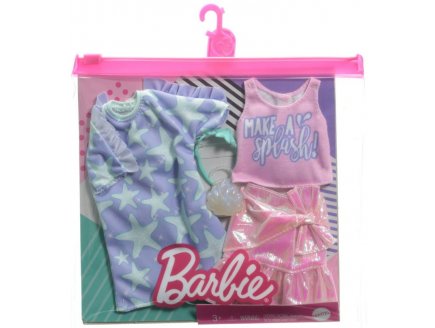 COFFRET DE 2 TENUES MODE : JUPE ROSE ET T-SHIRT + ROBE VIOLETTE POUR POUPEE BARBIE - VETEMENT - HABIT - MATTEL - GRC88